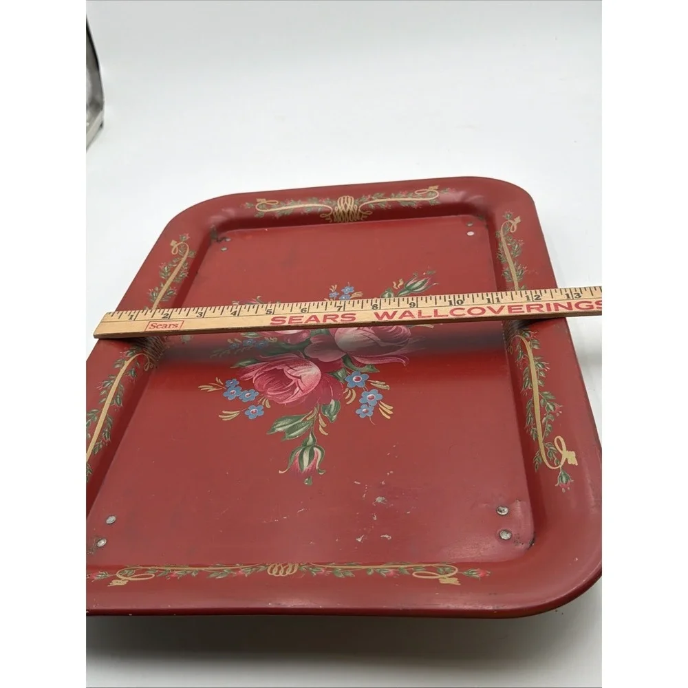 Vintage TV Bed Lap Tray MCM Tole Painted Red Floral Folding Cottage Core